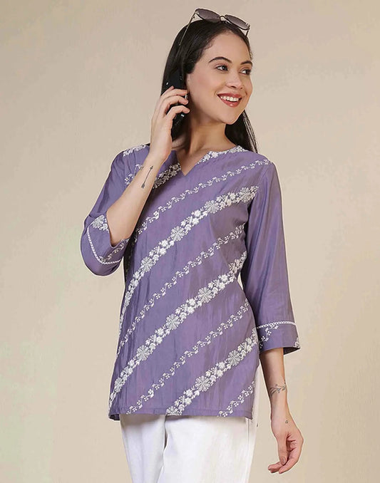 Silk Blend Chikankari Straight Round Neck Short Kurti
