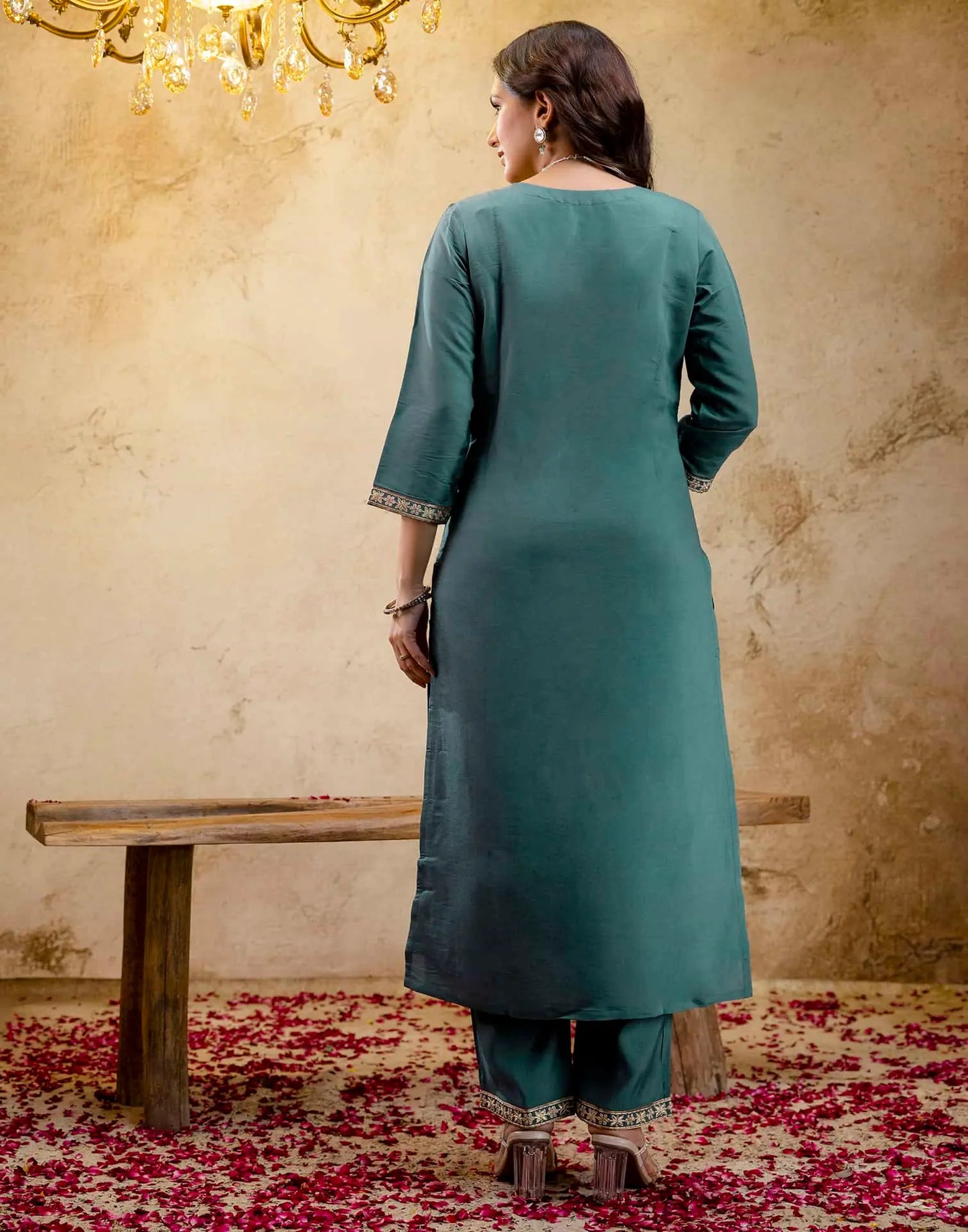 Silk Straight Embroidery Round Neck Kurta with Pant & Dupatta