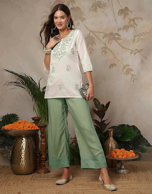 Cotton Chikankari Straight Round Neck Short Kurti