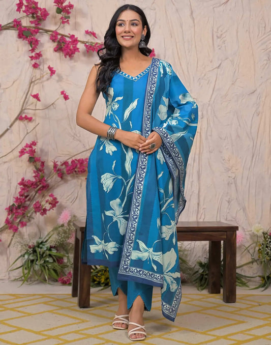 Blue Cotton Printed Straight Kurta Set with Pant & Dupatta V-Neck Casual & Office Wear for Women