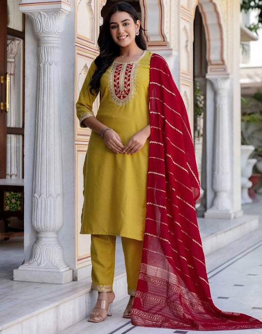 Cotton Blend Embroidery and Sequins Work, Embroidery and Sequins Work Lace Straight Kurta with Pant & Dupatta