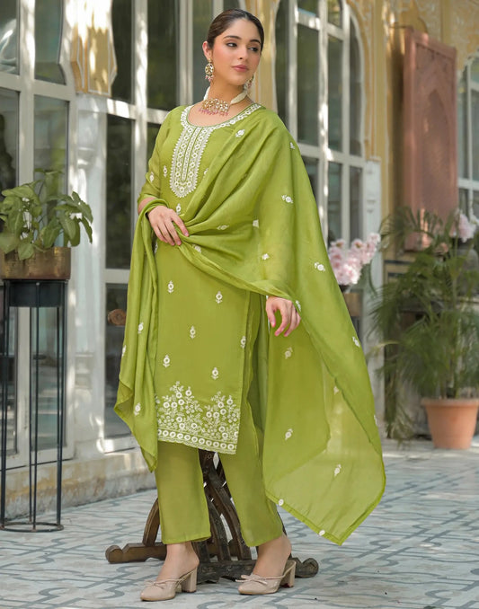 Silk Embroidered Straight Round Neck Kurta with Pant & Dupatta