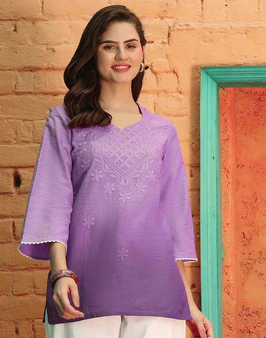 Cotton Chikankari Straight Sweetheart Neck Short Kurti