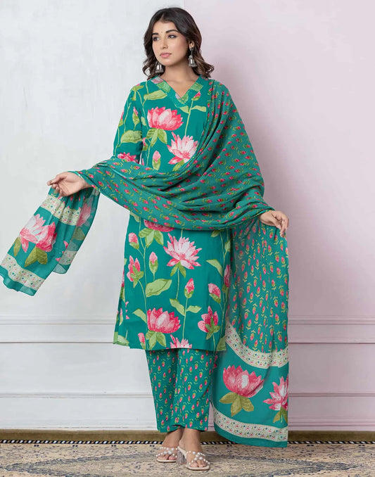 Affordable Green Cotton Printed Straight Kurta Set under 999