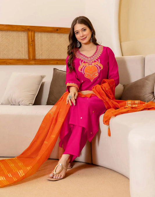 Silk Blend Embroidered Straight Kurta with Pant & Dupatta