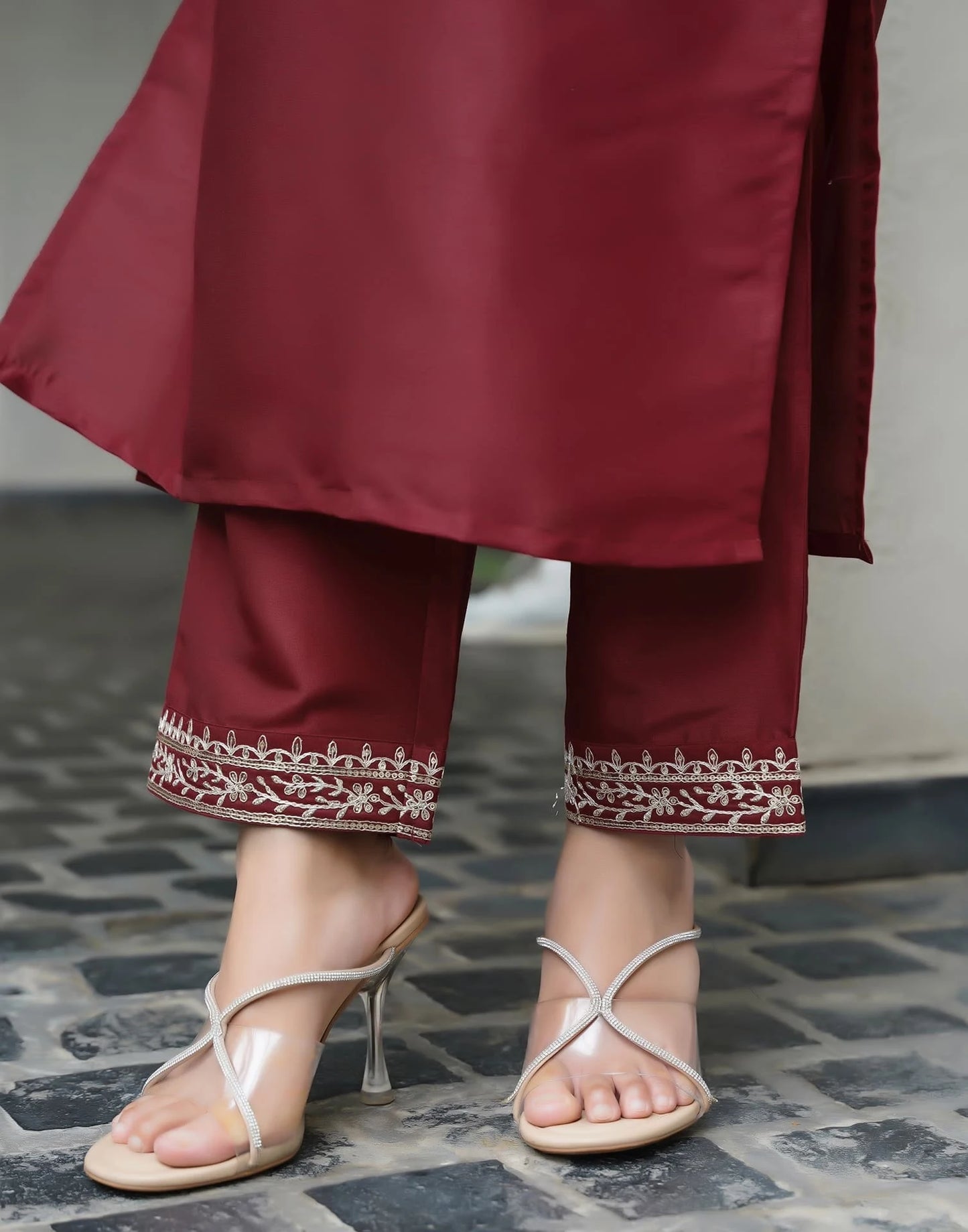 Silk Blend Sequins Embroidery Lace Straight Kurta with Pant & Dupatta