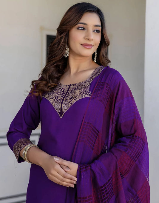 Cotton Blend Weaving and Lace Straight Kurta with Pant & Dupatta