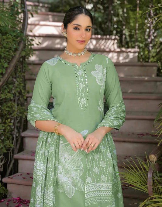 Cotton Printed V-Neck Straight Kurta with Pant & Dupatta