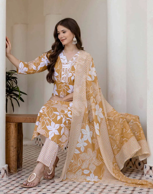 Cotton Straight Printed V-Neck Kurta with Pant & Dupatta