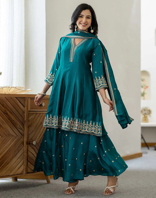 Silk Flared Embroidery V-Neck Kurta with Pant & Dupatta