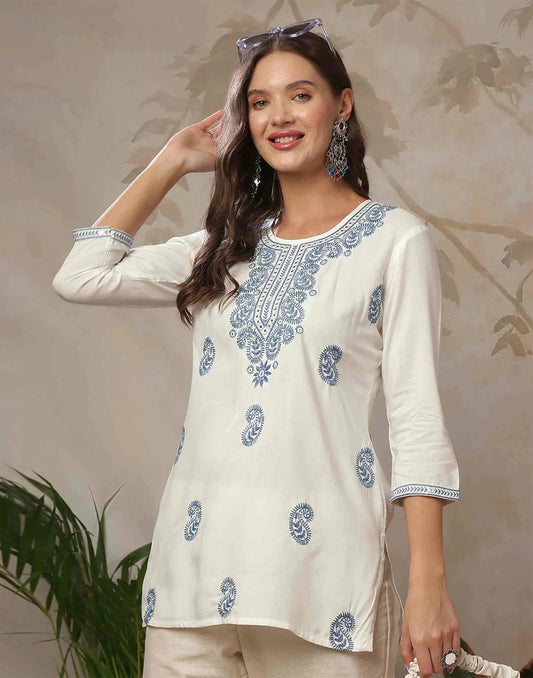 Rayon Chikankari Straight Round Neck Short Kurti