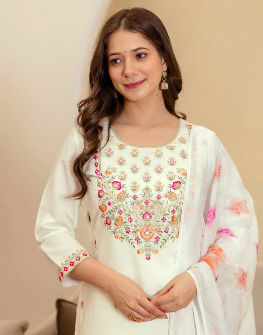 Off White Silk Blend Embroidered Straight Kurta Set for Women with Pant and Dupatta