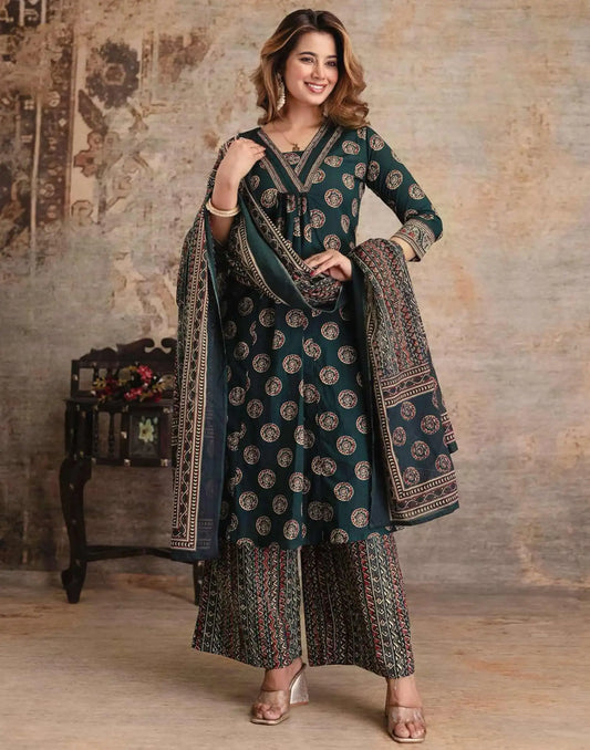 Green Cotton Printed V-Neck Kurta Set with Pant & Dupatta Affordable Ethnic Casual Wear