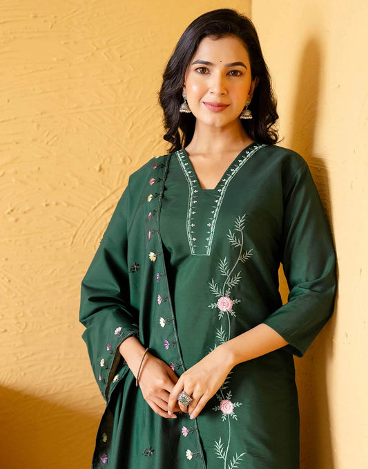 Silk Blend Embroidered Straight Kurta with Pant & Dupatta
