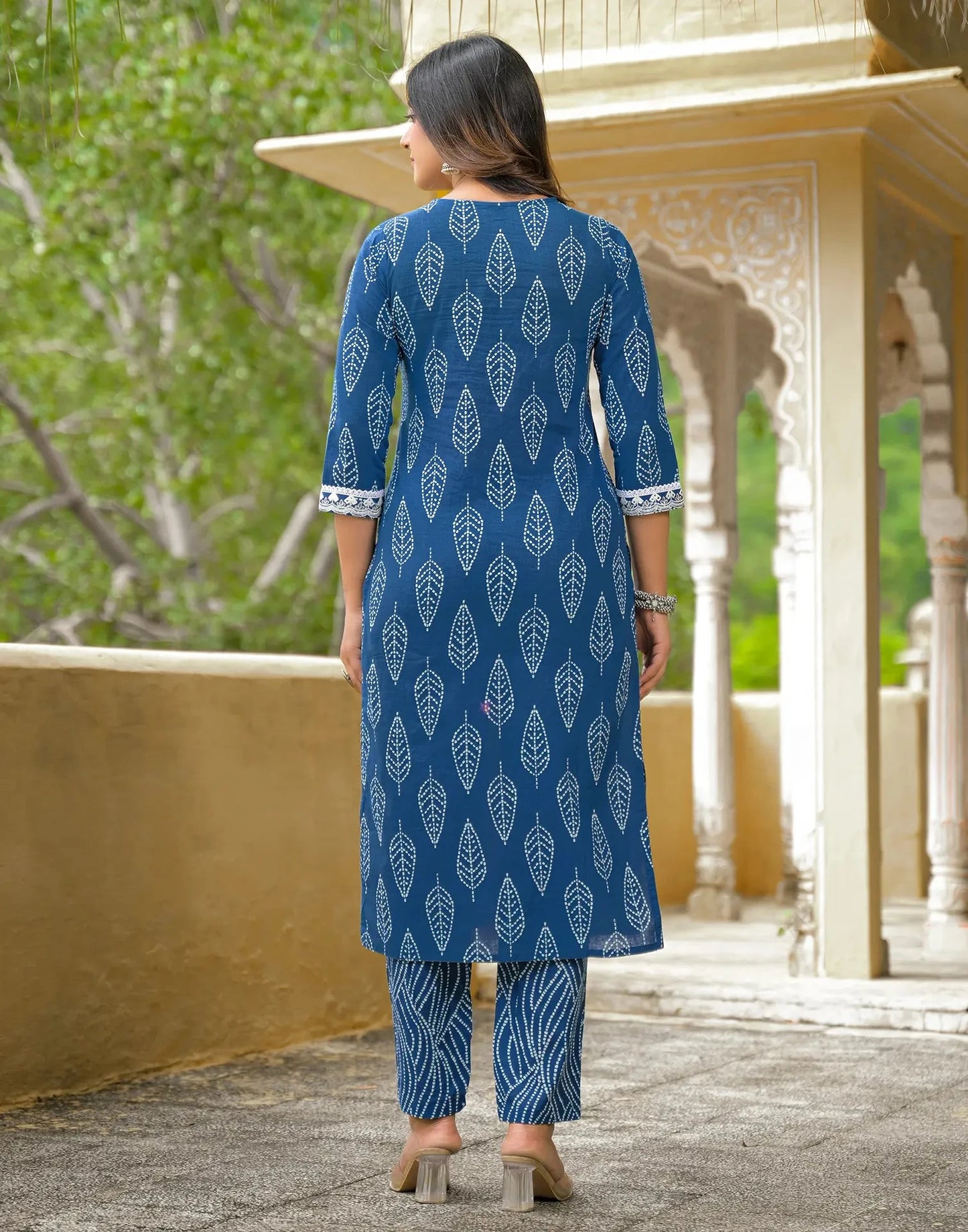 Cotton Printed V-Neck Straight Kurta with Pant & Dupatta
