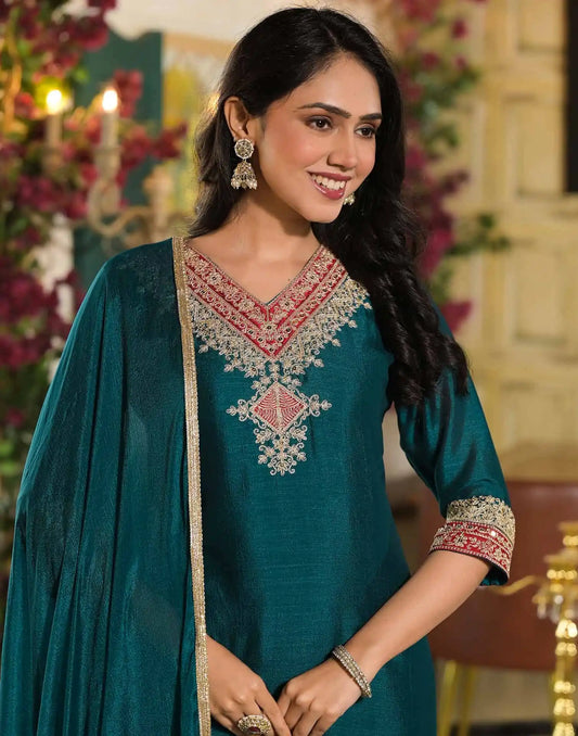 Blue Silk Embroidered Straight Kurta Set with Pant & Dupatta under 1250