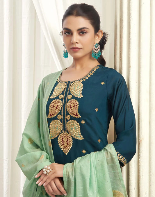 Silk Blend Embroidered Straight Kurta with Pant & Dupatta
