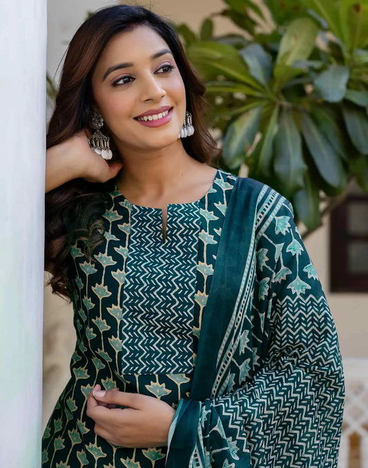 Cotton Blend Printed Lace Straight Kurta with Pant & Dupatta