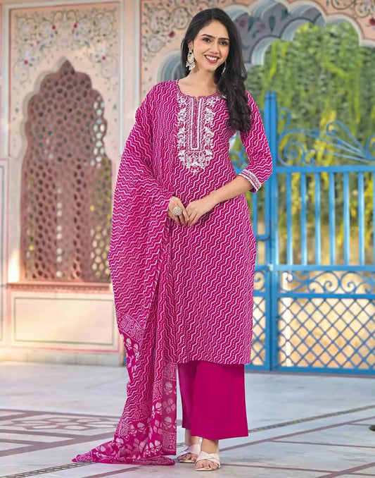 Pink Cotton Printed Straight Kurta Set for Women with Pant and Dupatta