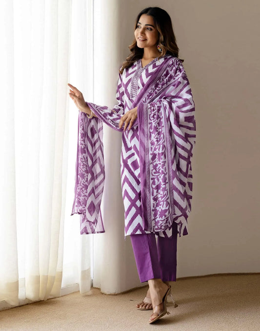 Cotton Straight Printed V-Neck Kurta with Pant & Dupatta