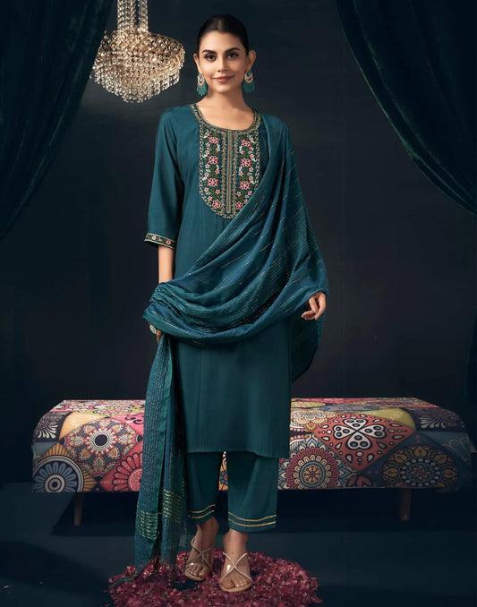 Silk Blend Embroidered Straight Kurta with Pant & Dupatta