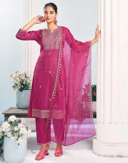 Silk Blend Embroidered Straight Kurta with Pant & Dupatta
