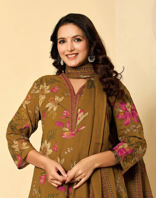 Cotton Printed Straight V-Neck Kurta with Pant & Dupatta