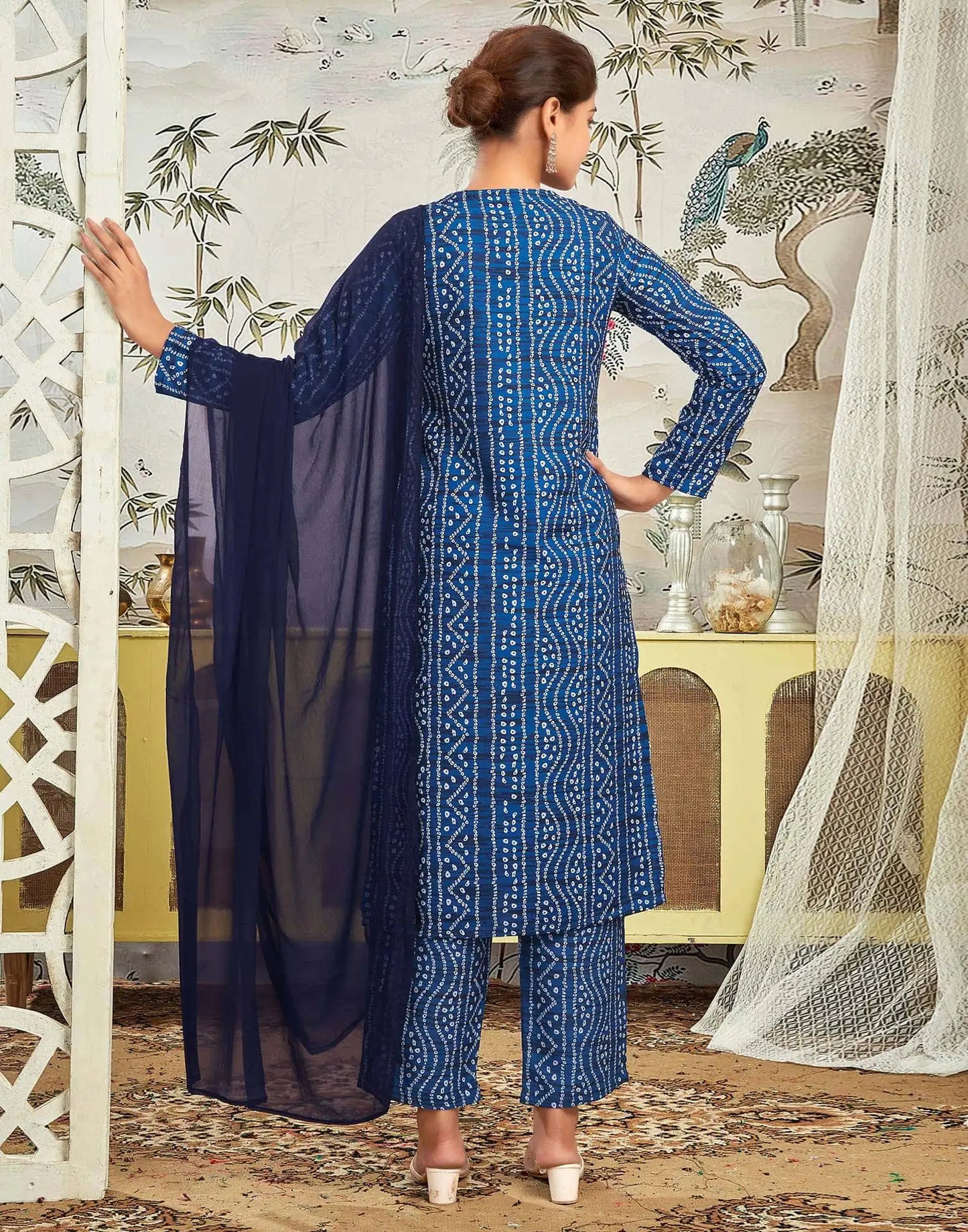 Affordable Dark Blue Bandhani Printed Rayon Kurta set with dupatta