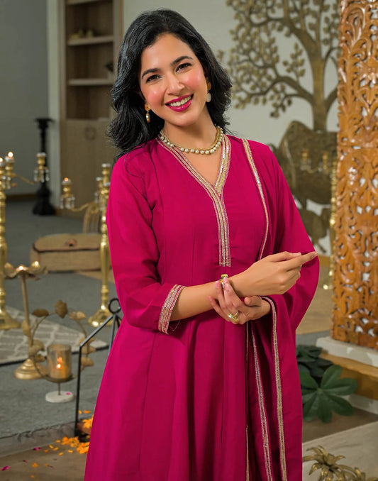 Affordable Pink Silk Embroidered Anarkali Kurta Set V-Neck Silk Kurti with Pant & Dupatta