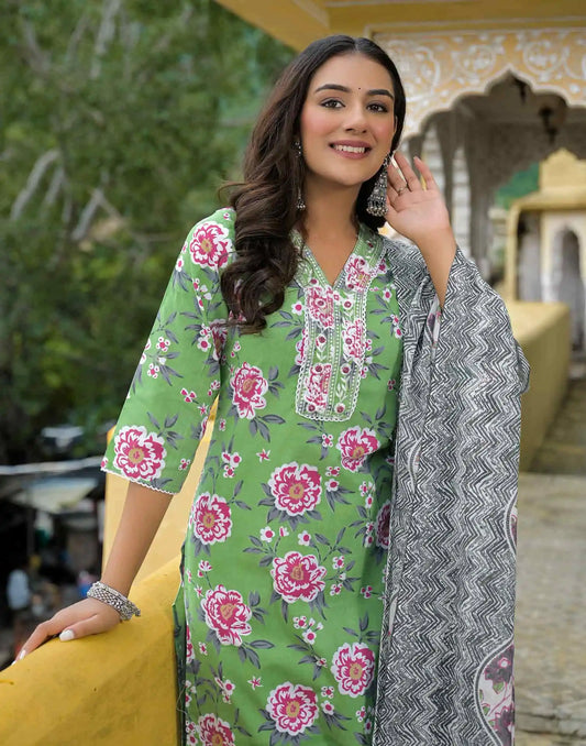 Cotton Straight Printed V-Neck Kurta with Pant & Dupatta