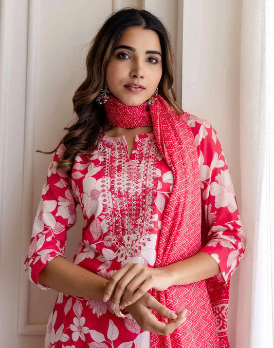 Pink Cotton Printed Straight Kurta Set with Pant & Dupatta V-Neck Floral Kurti for Women