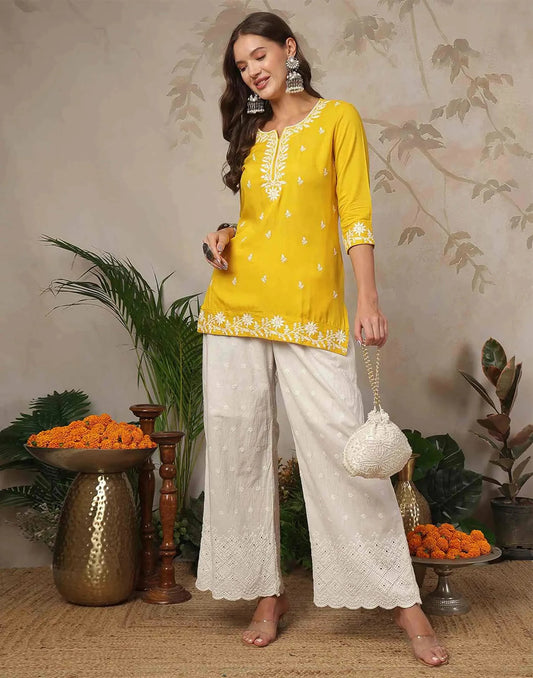 Rayon Chikankari Straight Round Neck Short Kurti