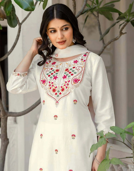 Silk Embroidery and Sequins Work, Embroidery Lace Straight Kurta with Pant & Dupatta