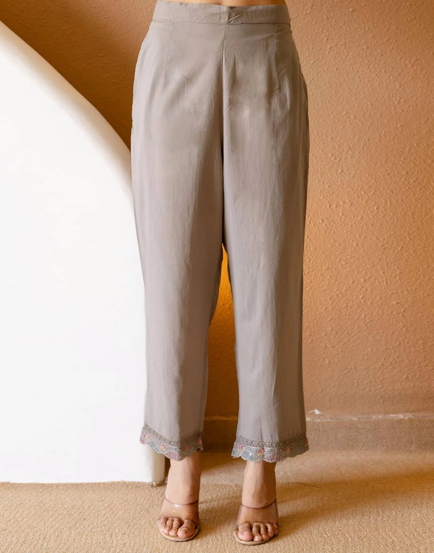 Grey Silk Embroidered Straight Kurta Set with Pant & Dupatta for Women Festive & Wedding Wear