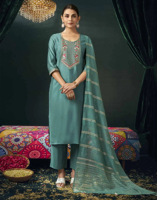 Silk Blend Embroidered Straight Kurta with Pant & Dupatta