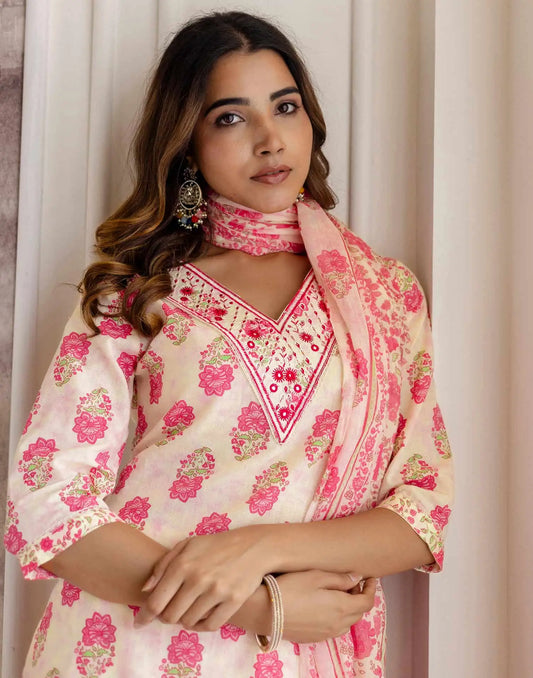 Affordable Beige Cotton Printed Straight Kurta Set under 799