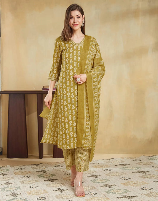 Cotton Blend Printed and Lace Straight Kurta with Pant & Dupatta