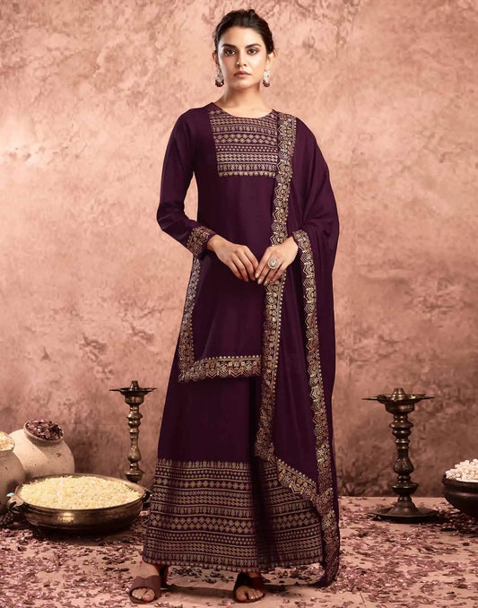 Purple Cotton Printed Straight Kurta with Pant & Dupatta Festive Wear under 1000