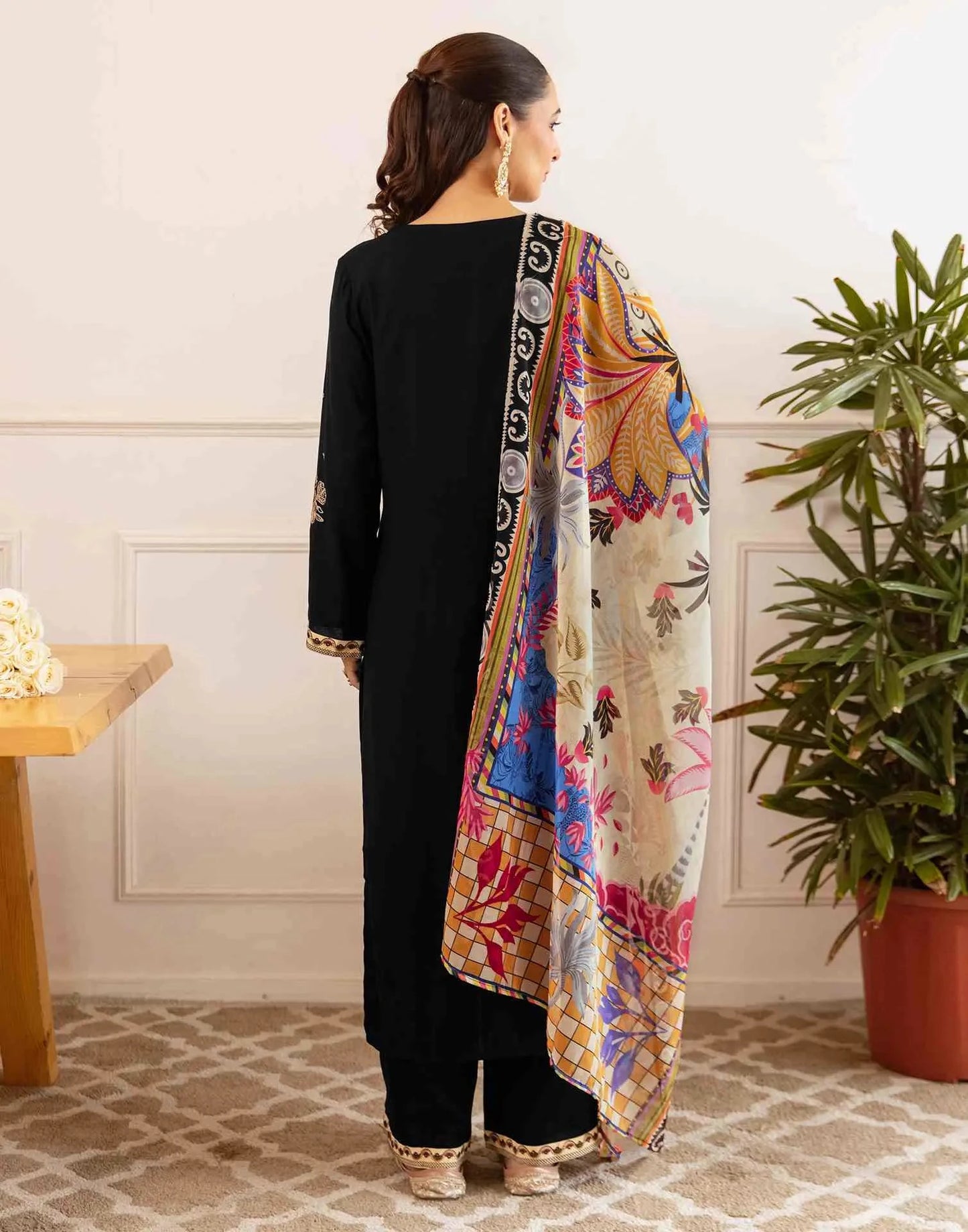 Rayon Embroidered Straight V-Neck Kurta with Pant & Dupatta