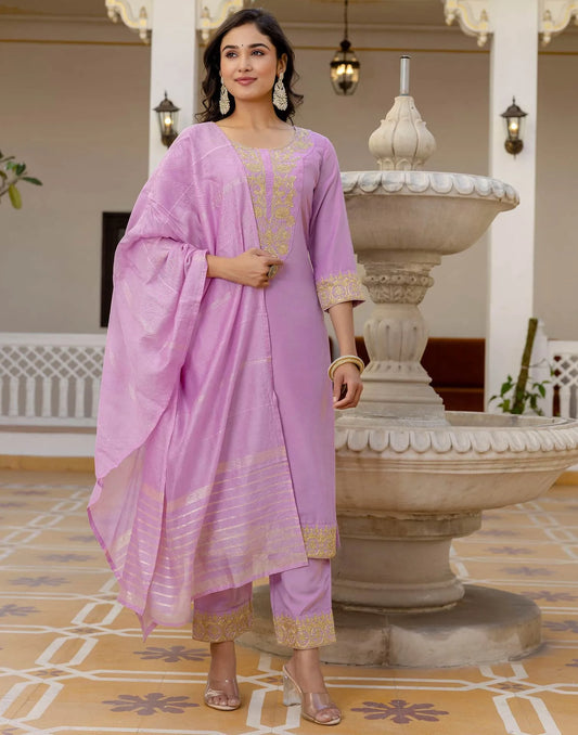 Silk Blend Embroidery Work and Embroidery Lace Straight Kurta with Pant & Dupatta