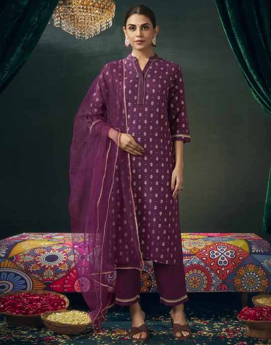 Cotton Blend Printed Straight Kurta with Pant & Dupatta