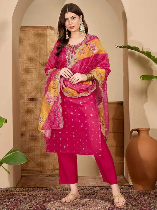 Pink Silk Bandhani Printed Straight Kurta Set with Pant & Dupatta under 1299