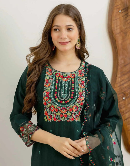 Dark Green Silk Embroidered Kurta Set with Pant and Dupatta for Diwali