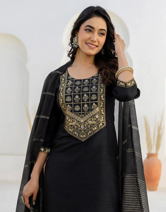 Black Silk Woven Straight Kurta Set with Pant & Dupatta for Women