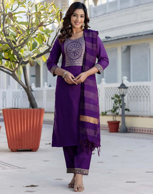 Cotton Blend Weaving and Lace Straight Kurta with Pant & Dupatta