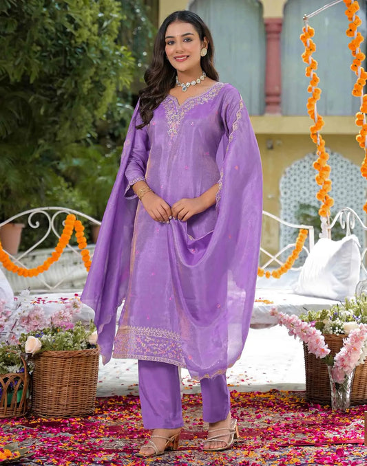 Tissue Silk Embroidered Straight U-Neck Kurta with Pant & Dupatta