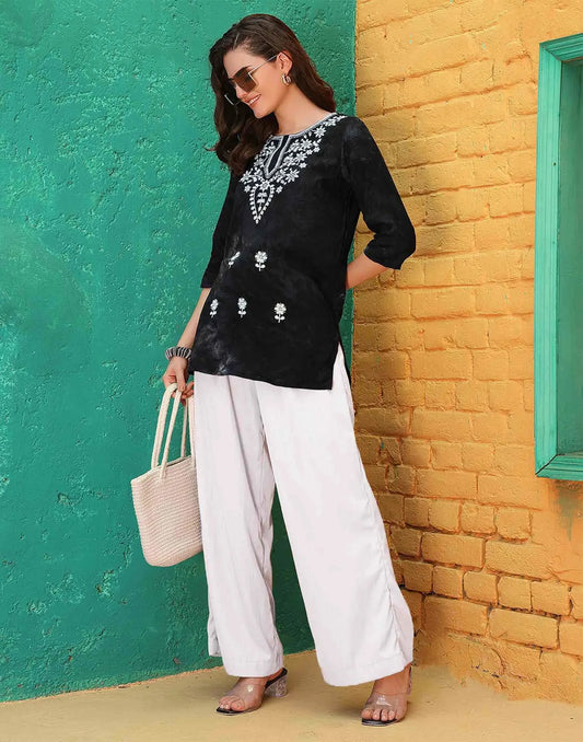 Rayon Chikankari Flared Round Neck Short Kurti