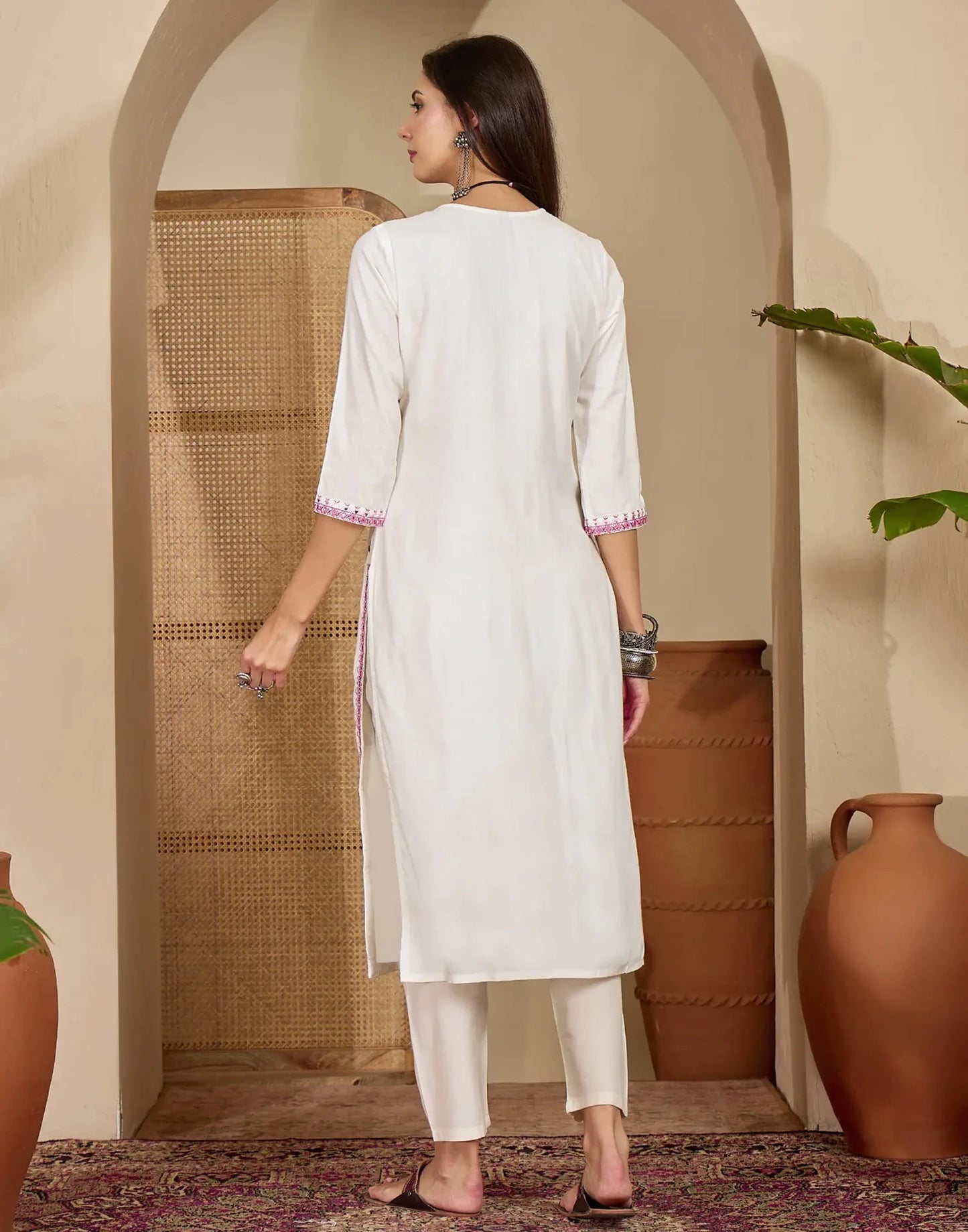 Cotton Embroidered Round Neck Straight Kurti