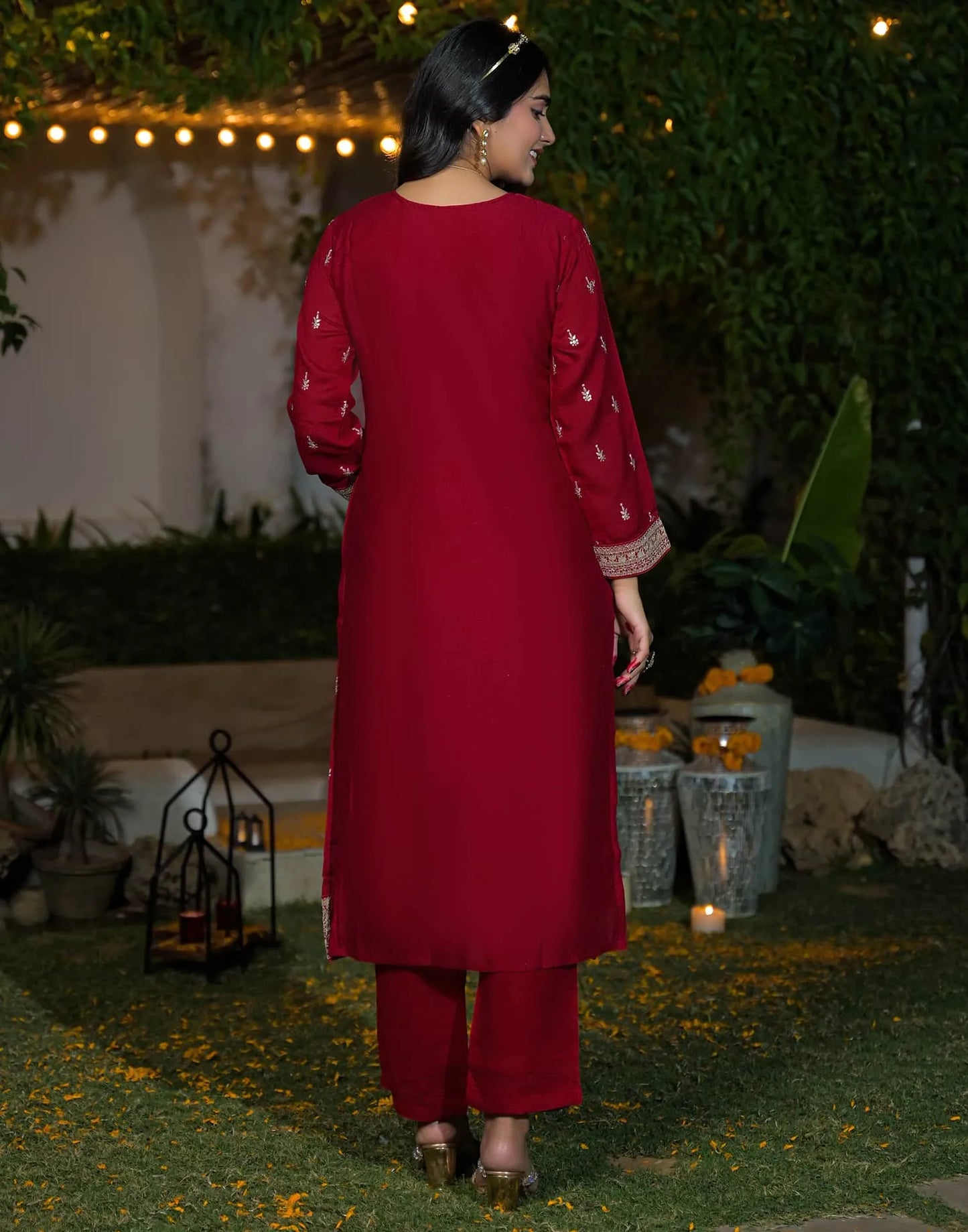 Silk Straight Embroidery Round Neck Kurta with Pant & Dupatta