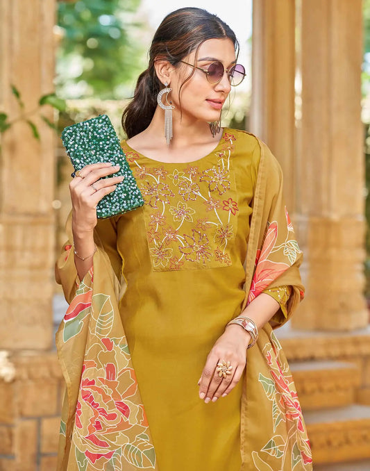 Silk Blend Embroidered Straight Kurta with Pant & Dupatta